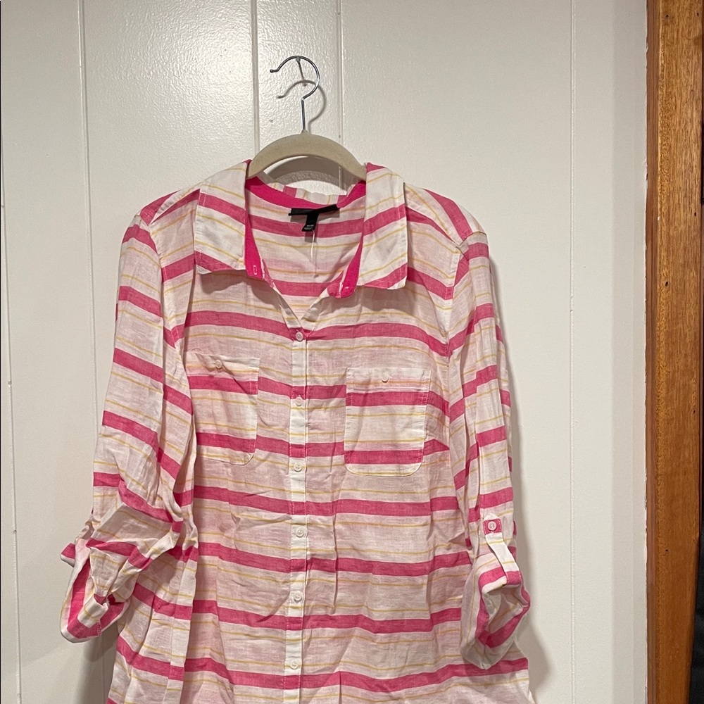 Lane Bryant Pink and White Striped linen Button Down Shirt